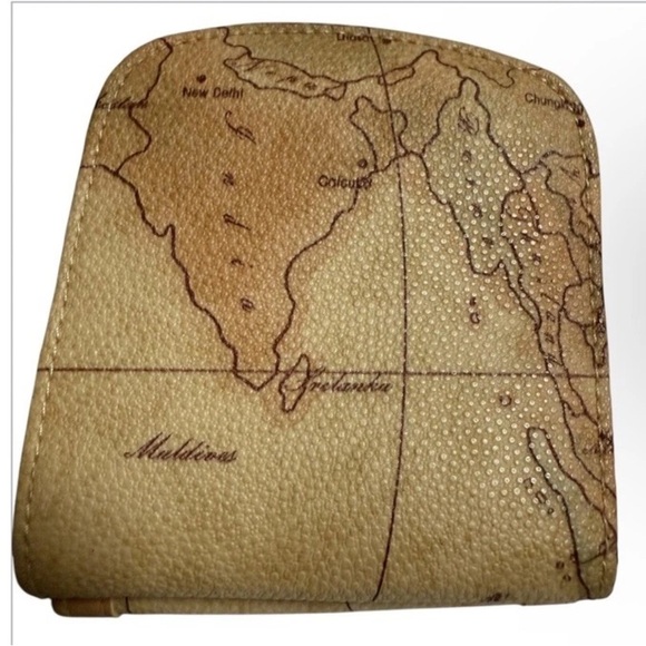 AE Allan Edward Map Print Geo Bifold Compact Wallet Leather Trim Tan - Picture 8 of 13